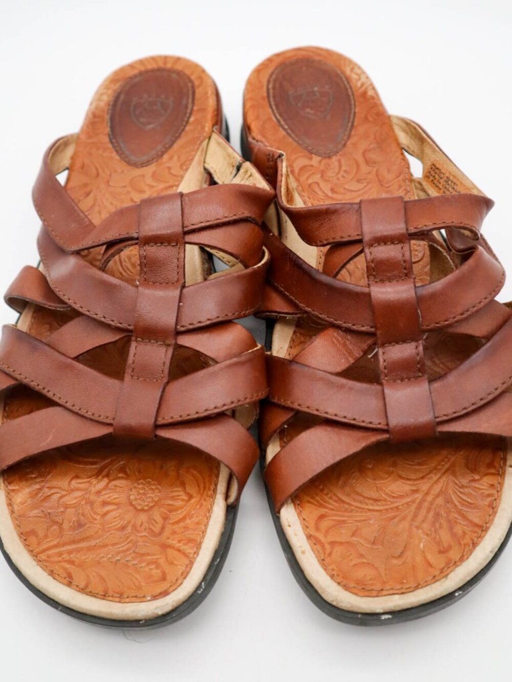 Ariat Haven Brown Leather Sandals Strappy Slides Embossed Boho Sz 11B